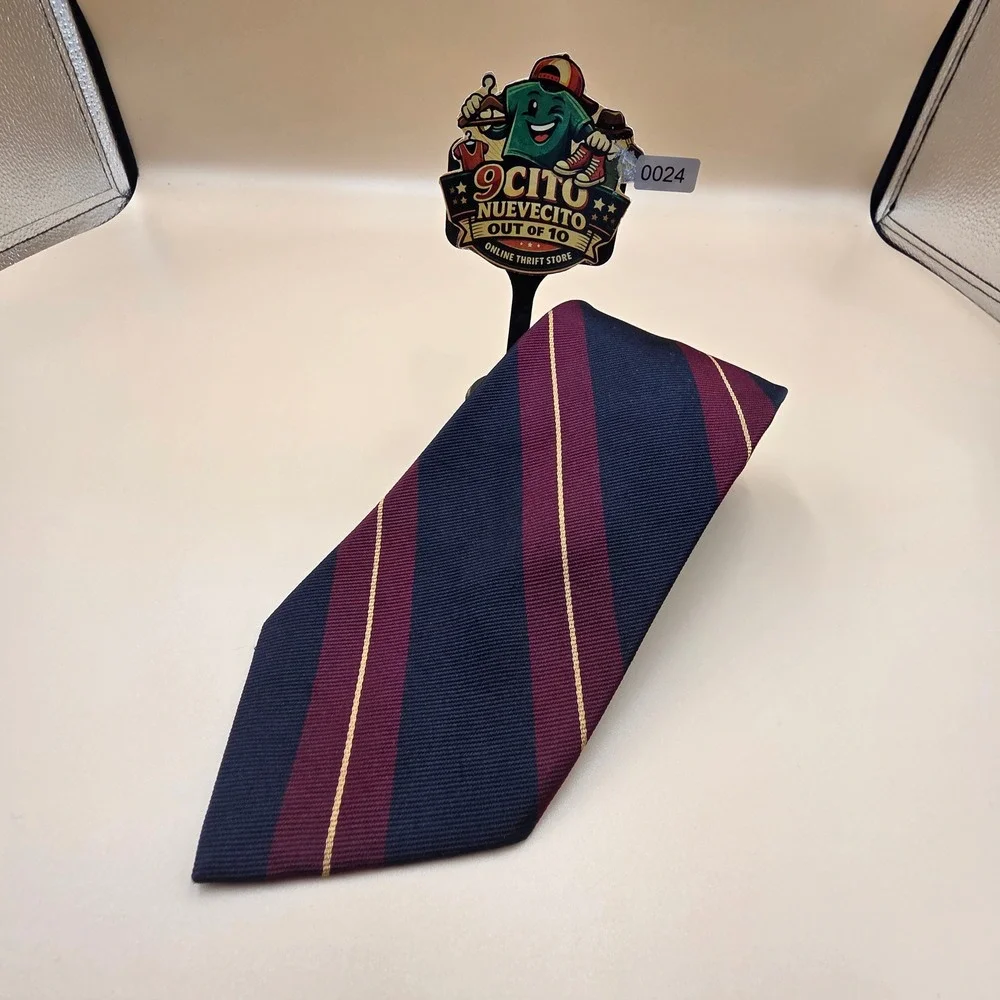 The Mans Shop Silk Regimental Stripe Tie Navy Burgundy Gold Organzine Warp Mens